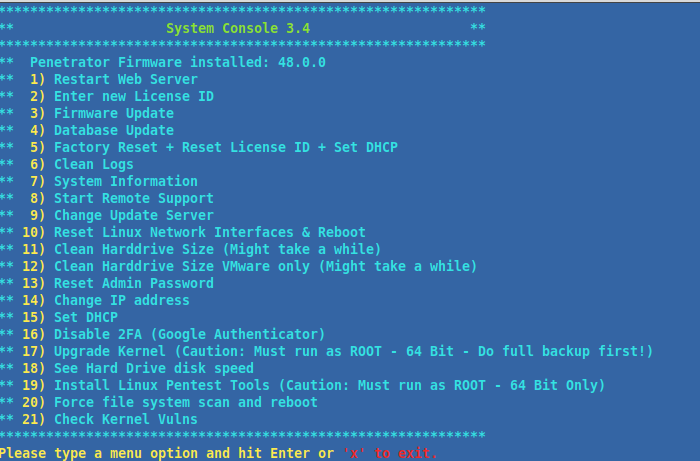 SecPoint Penetrator Console Menu