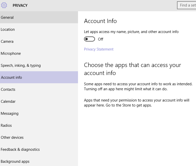 Windows 10 Privacy Account