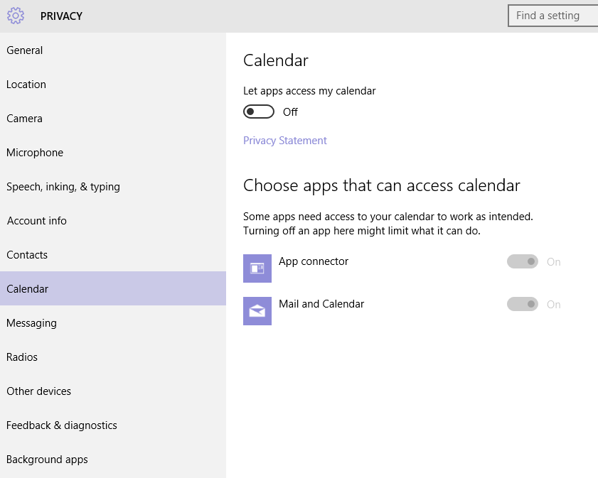 Windows 10 Privacy calendar