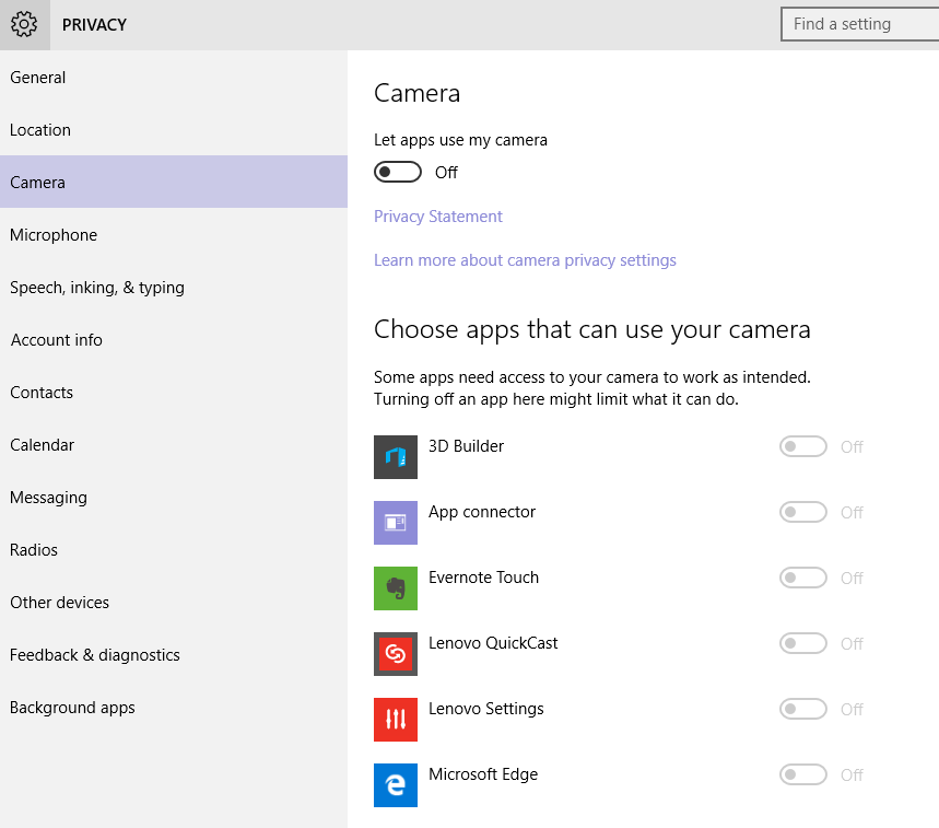 Windows 10 privacy camera