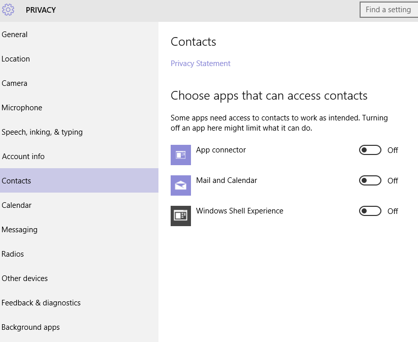 Windows 10 Privacy Contacts