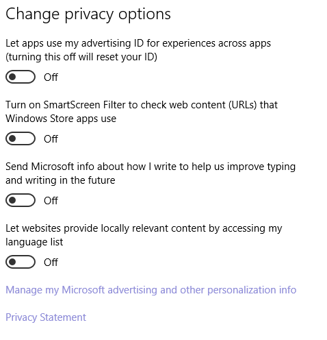 Windows 10 Privacay Options